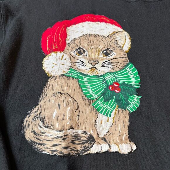 Vintage 90s Festive Cat Christmas Sweatshirt Crewneck funny Santa Hat - XL - Picture 3 of 8